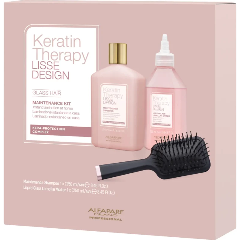 Alfaparf Milano Keratin Therapy Lisse Design Glass Hair Set – Σετ Περιποίησης Λείανσης με Σαμπουάν, Lamellar Water & Βούρτσα